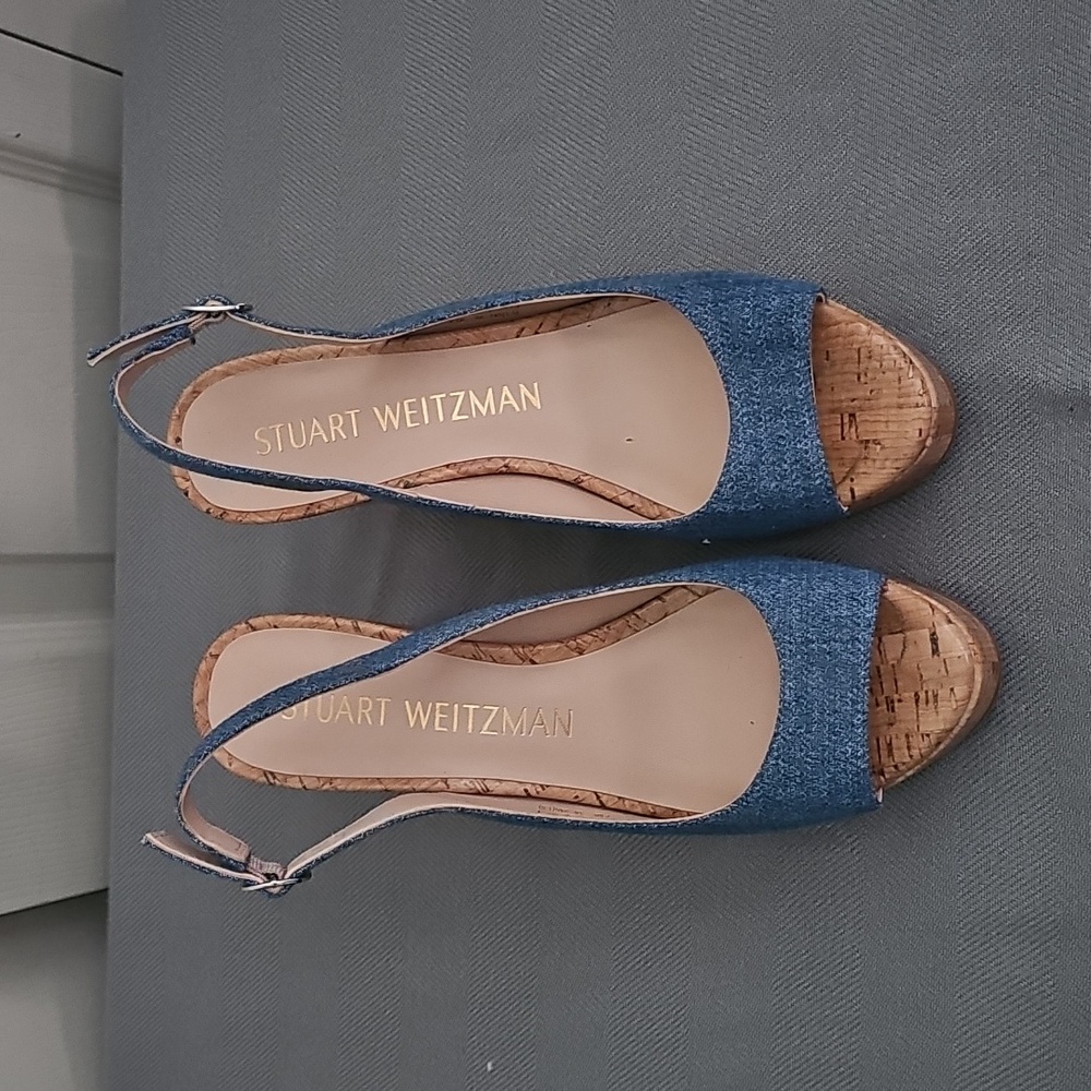 Stuart Weitzman blue Leather Rinna Wedge Peep-toe Sling Back Sandals 7.5